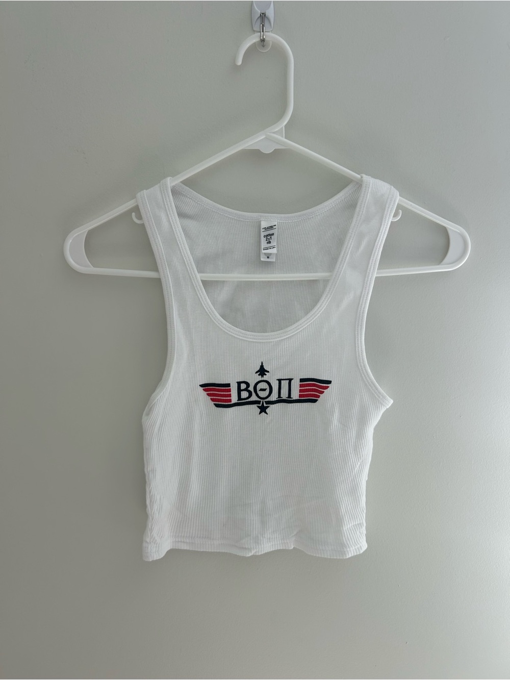 White Ribbed Tank Top with Red & Navy Graphic